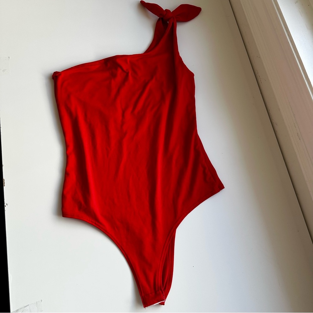 Gaze Red One Shoulder Bodysuit Size S Tie Strap